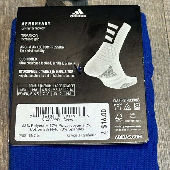 Adidas Creator 365‎ Maximum Cushion Crew Socks Men's XL 12-16 Blue NEW - Picture 4 of 4